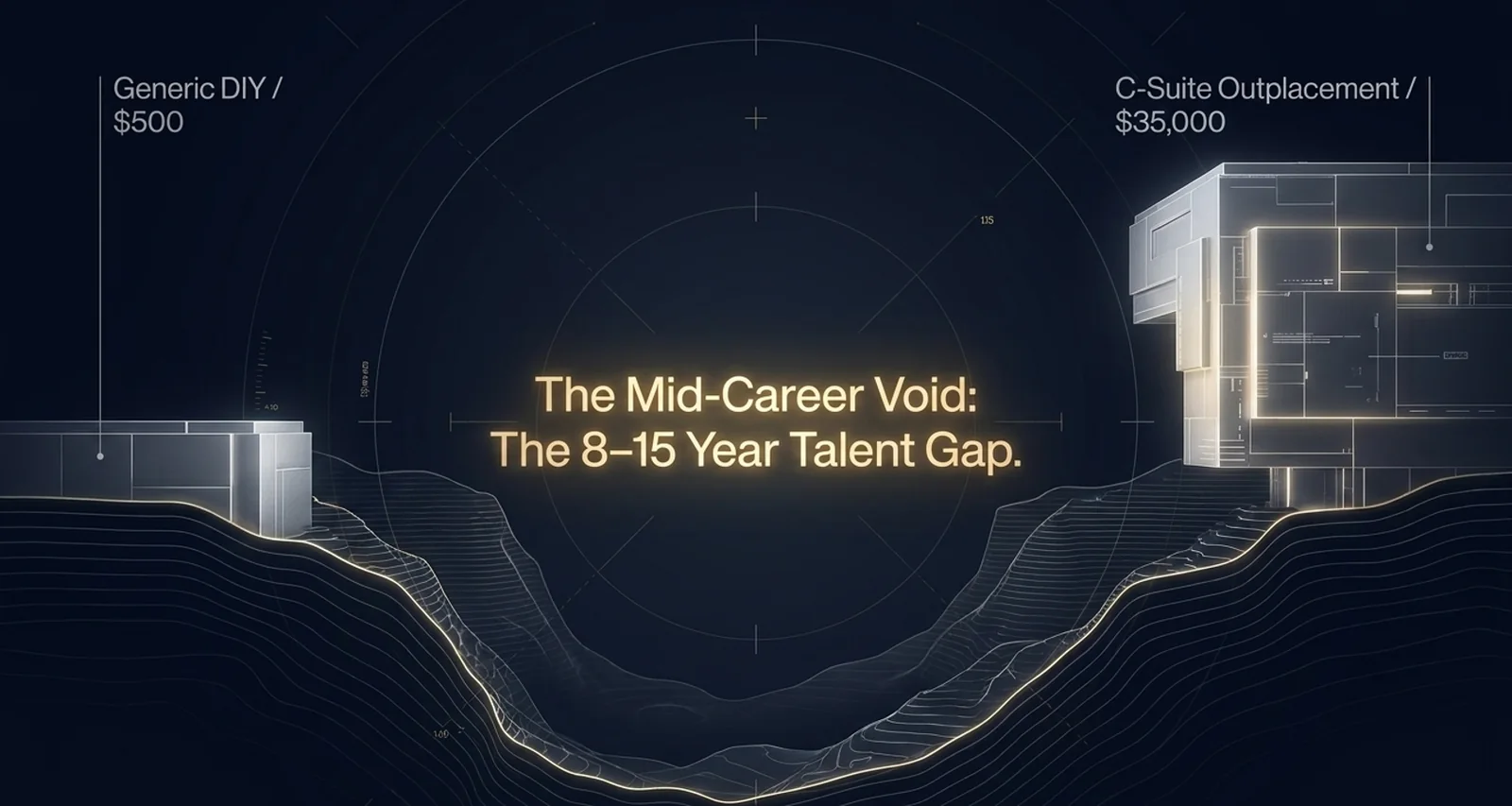 The mid-career void — the 8-to-15-year talent gap: $500 generic DIY versus $35,000 C-suite outplacement.